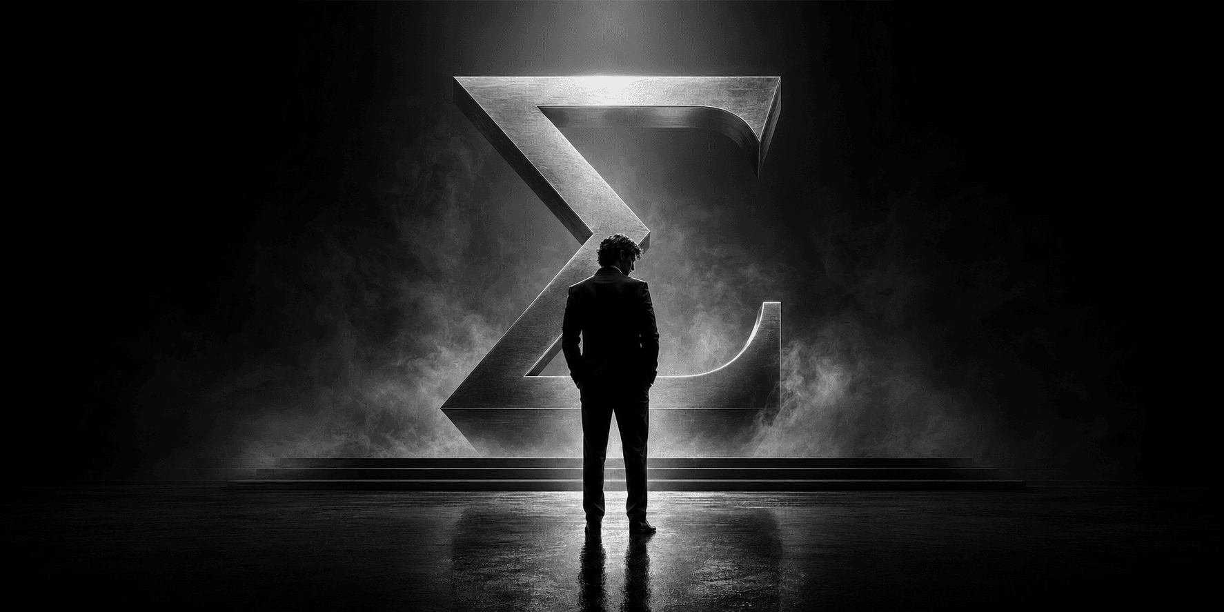 Lone figure facing a metallic sigma symbol